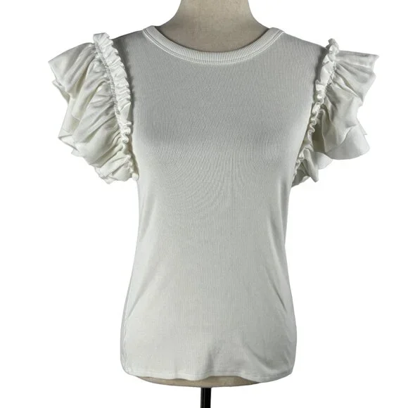 LIKE NEW! EXPRESS Ruffle Sleeve Ribbed Short Sleeve T-Shirt in Cream Siz… - Picture 2 of 8